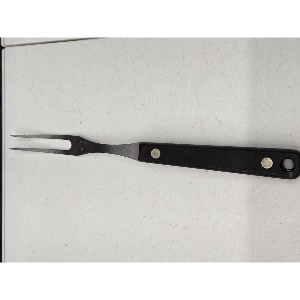 Vintage Flint Stainless Vanadium Meat Carving Fork USA Black Handle 9.5 Inch